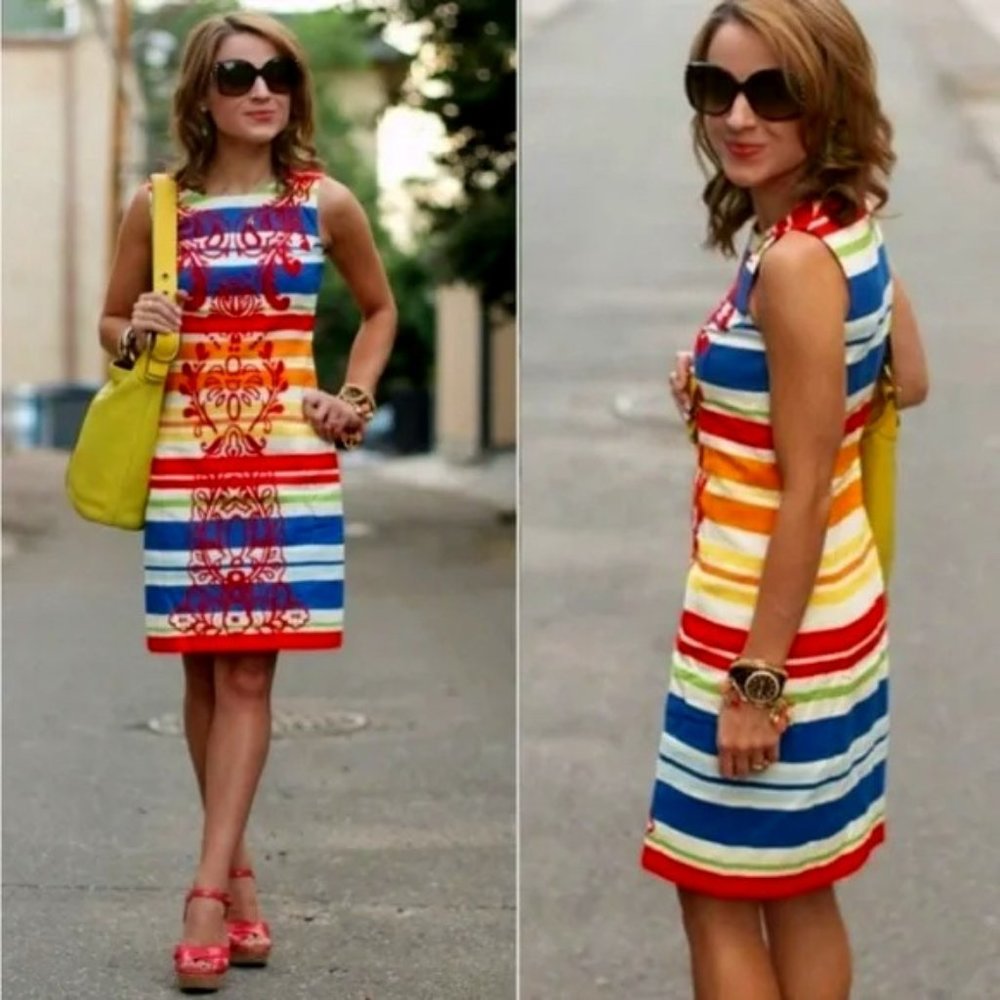 Anthropologie Tabitha Rainbow Striped Embroidered Sheath dress Size 2